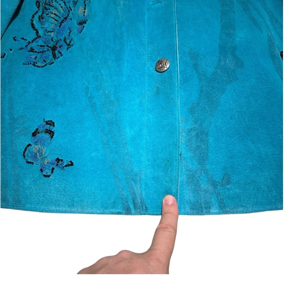 CHICO’S DESIGN‎ SUEDE LEATHER TURQUOISE BUTTERFLY EMBELLISHED JACKET SZ 1 - Picture 5 of 9